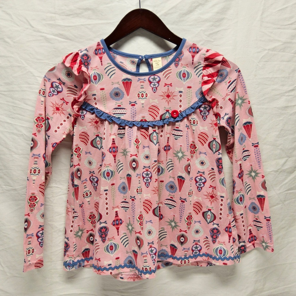 Matilda Jane Pajama Top Kids Size 16 Pink Christmas Ornament Ruffle Trim